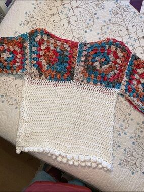 Handmade Crochet Colorblock Sweater - Cream & Multicolor Granny Squares